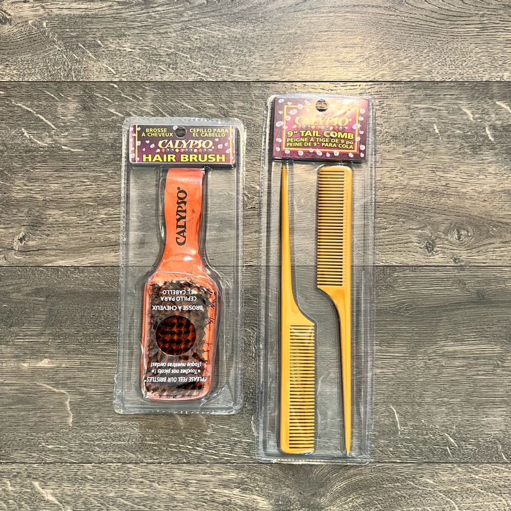Calypso Wooden Hair Brush and 2 Pack 9"‎ Tail Combs NEW